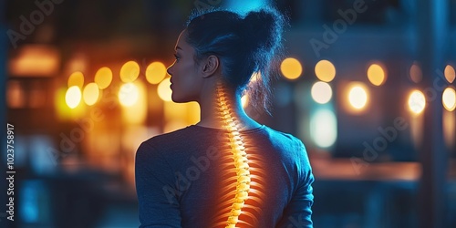 woman with back pain, glowing spine, living room photo