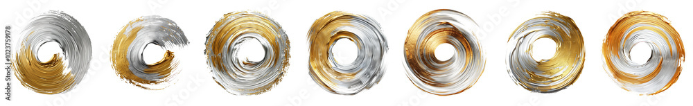 Silver gold circular paint brush stroke, hyperrealistic, highly detailed, isolated on transparent background, generative ai. Silver gold circular paint brush stroke, hyperrealistic, highly detailed, isolated on transparent background, generative ai.