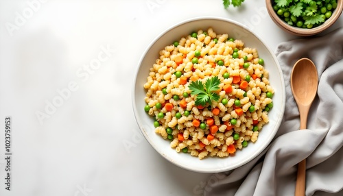 Traditional Ptitim (Israeli Couscous) with Peas, Carrots, and Herbs (Jewish Cuisine)