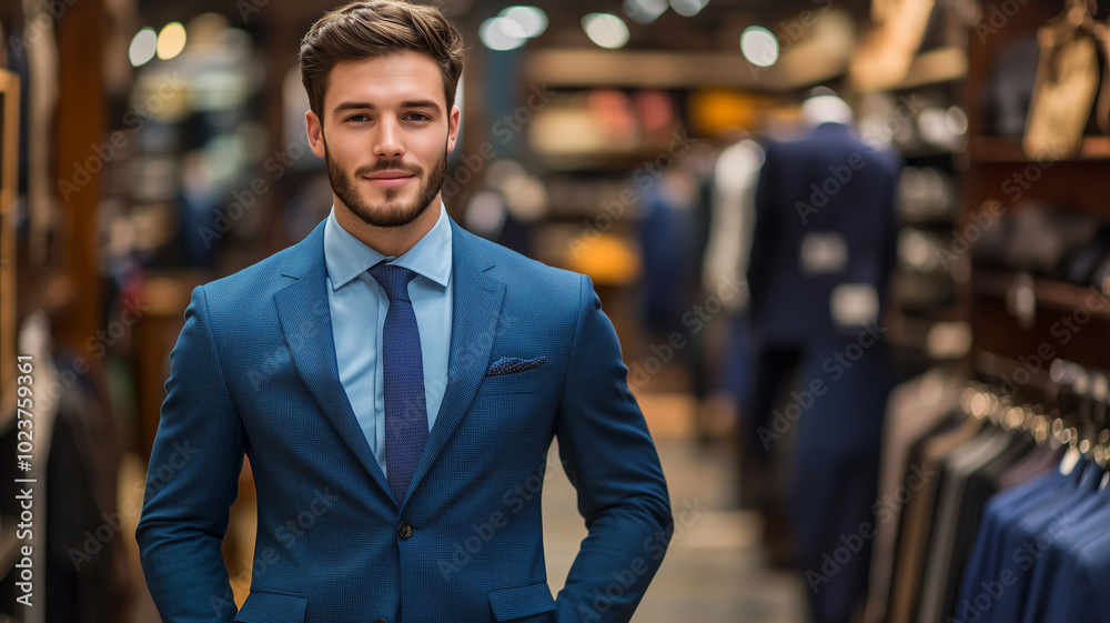 Fototapeta premium A stylish man models a tailored suit in a chic boutique at twilight