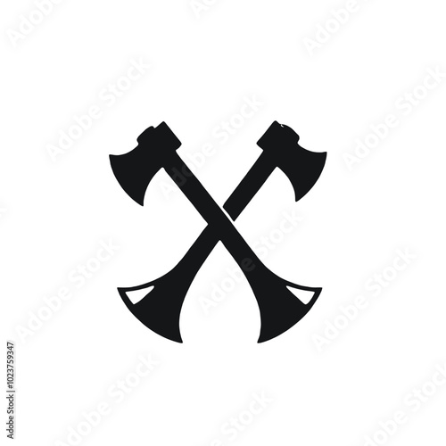 Two crossed black axes or hatchets, a simple black and white graphic symbol