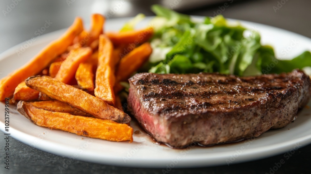 Grilled Steak with Sweet Potato Fries and Salad Grilled Steak with Sweet Potato Fries and Salad