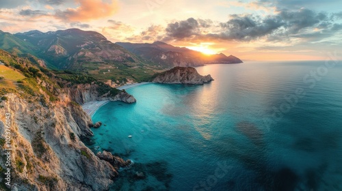 Breathtaking view of coastal cliffs with boats at sunset, serene seascape. 