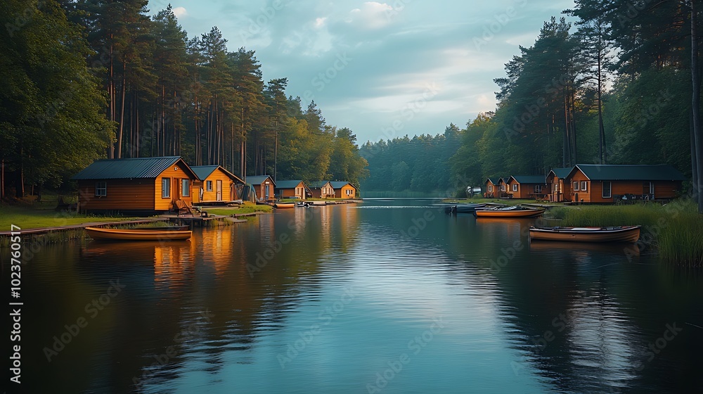 A serene lake with a line of wooden cabins nestled amongst a lush forest, the reflection of the cottages in the water adding to the tranquil scene. A serene lake with a line of wooden cabins nestled amongst a lush forest, the reflection of the cottages in the water adding to the tranquil scene.
