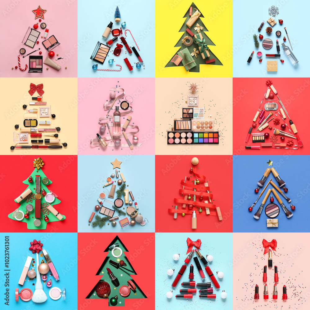 Set of Christmas trees made of cosmetics and decorations on color background Set of Christmas trees made of cosmetics and decorations on color background