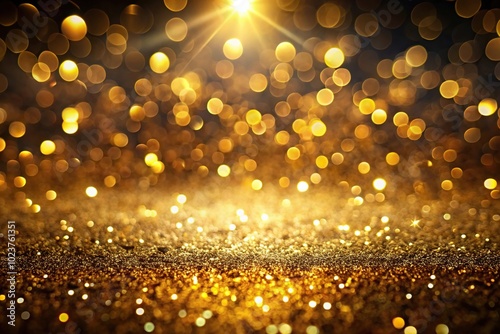Abstract golden glitter background with bokeh and light effect on black