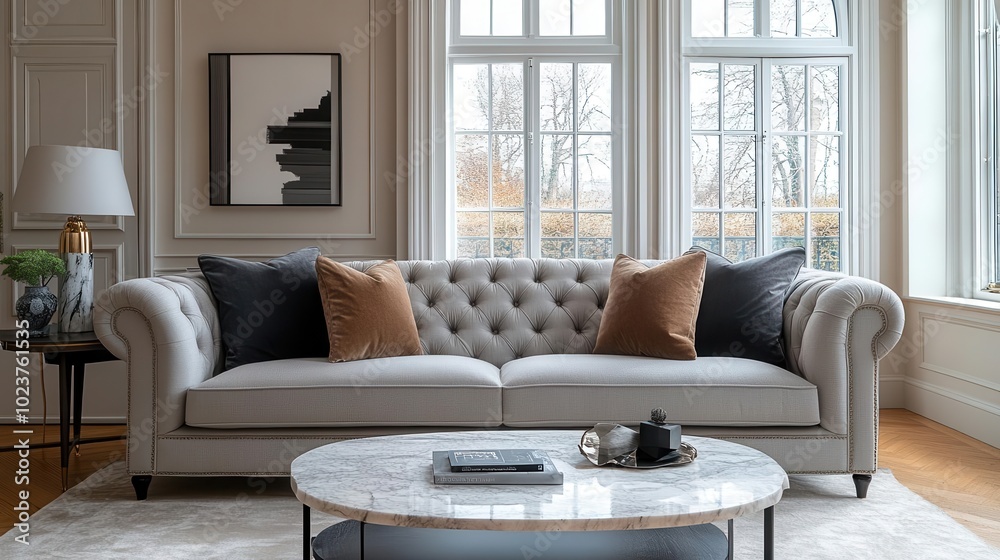 stylish gray fabric sofa paired with a marble coffee table hollywood regency style modern living room setting elegantly designed showcasing comfort and sophistication with rich textures stylish gray fabric sofa paired with a marble coffee table hollywood regency style modern living room setting elegantly designed showcasing comfort and sophistication with rich textures