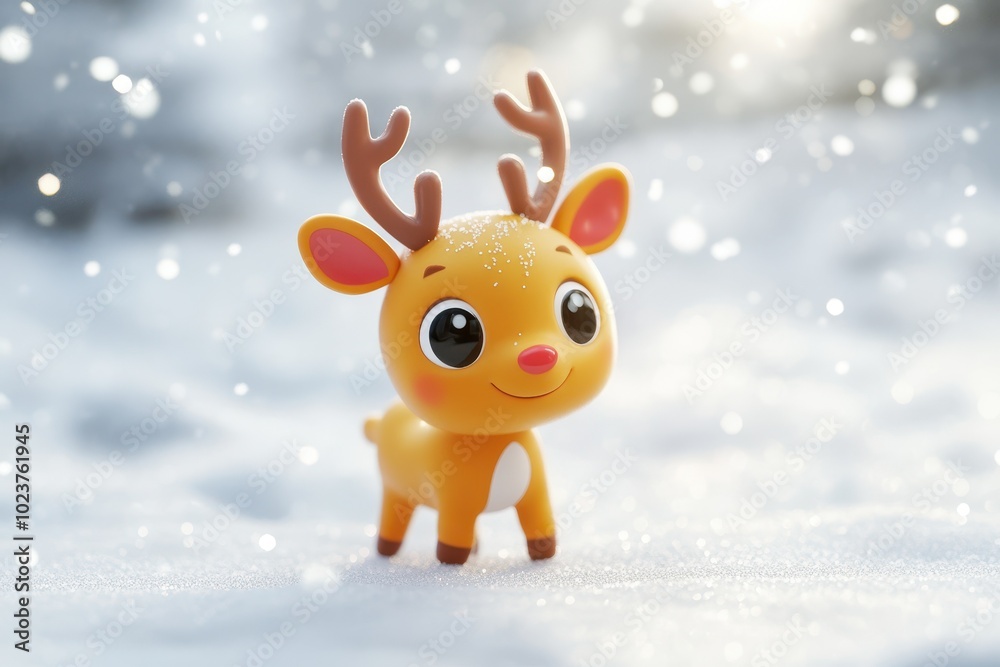 A baby reindeer standing in a snowy landscape with gentle snowflakes falling A baby reindeer standing in a snowy landscape with gentle snowflakes falling