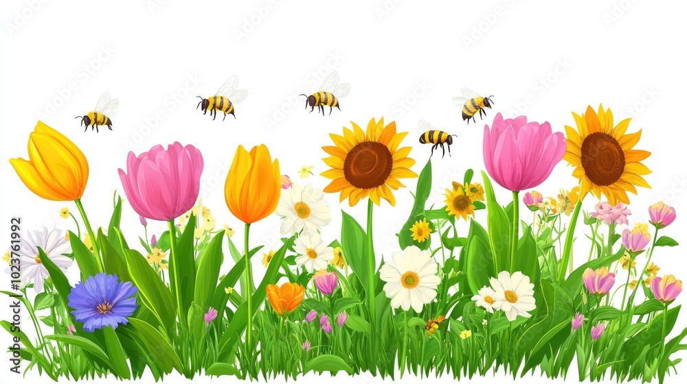 Fototapeta premium A lively flower garden with tulips, sunflowers, and bees swarming, on a white transparent background, detailed and colorful.