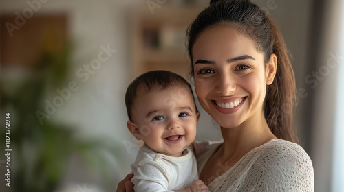 spanish smiling young woman holding little baby on background of room of cozy house, mother and child, kid, newborn, infant, toddler, parent, family, love, mom, mommy, hispanic, mexican girl, mother's