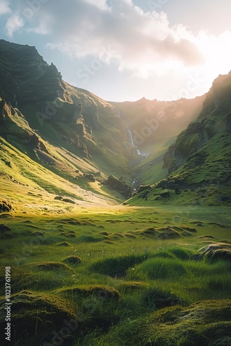 a green valley with a waterfall