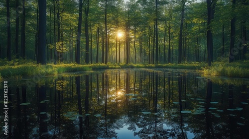 sunlit forest landscape featuring lush trees reflected perfectly on a tranquil water surface encapsulating a serene moment in nature inviting peace and mindfulness into the viewers experience