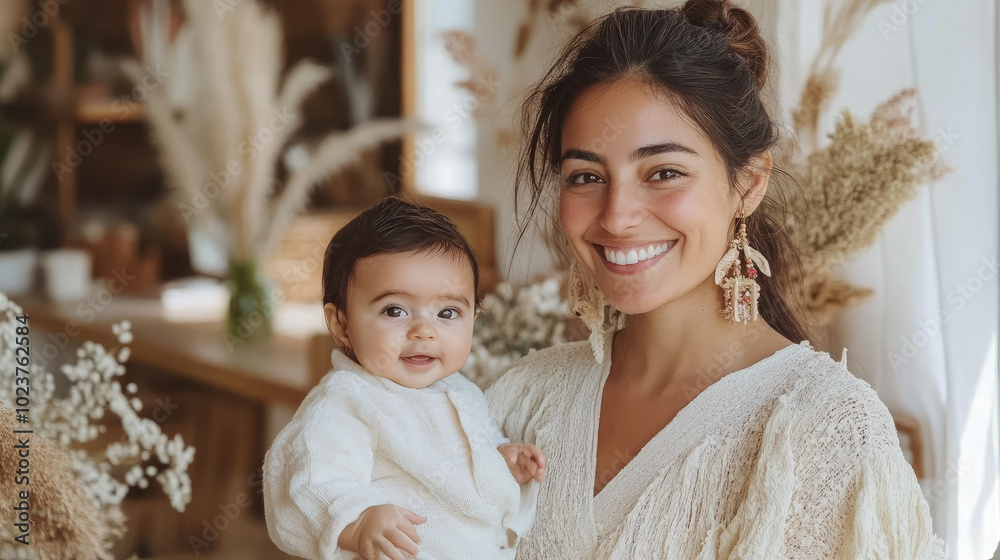 spanish smiling young woman holding little baby on background of room of cozy house, mother and child, kid, newborn, infant, toddler, parent, family, love, mom, mommy, hispanic, mexican girl, mother's spanish smiling young woman holding little baby on background of room of cozy house, mother and child, kid, newborn, infant, toddler, parent, family, love, mom, mommy, hispanic, mexican girl, mother's