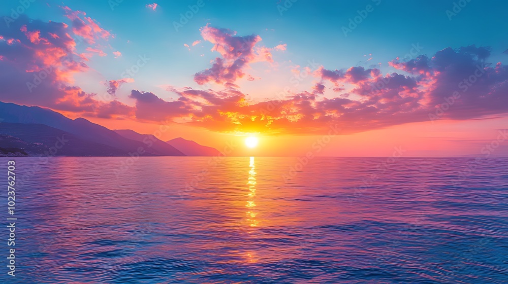 A vibrant sunset over the ocean with mountains in the distance, reflecting the warm colors of the sky in the water. A vibrant sunset over the ocean with mountains in the distance, reflecting the warm colors of the sky in the water.