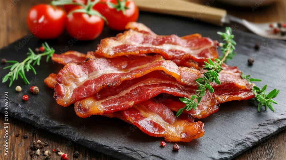 Crispy Bacon Strips on Slate with Cherry Tomatoes Crispy Bacon Strips on Slate with Cherry Tomatoes