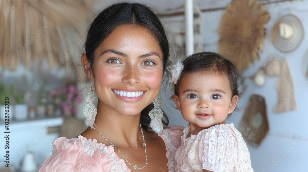 spanish smiling young woman holding little baby on background of room of cozy house, mother and child, kid, newborn, infant, toddler, parent, family, love, mom, mommy, hispanic, mexican girl, mother's spanish smiling young woman holding little baby on background of room of cozy house, mother and child, kid, newborn, infant, toddler, parent, family, love, mom, mommy, hispanic, mexican girl, mother's