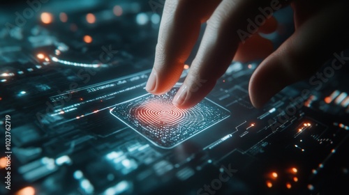 A finger touching a digital fingerprint scanner on a circuit board background.