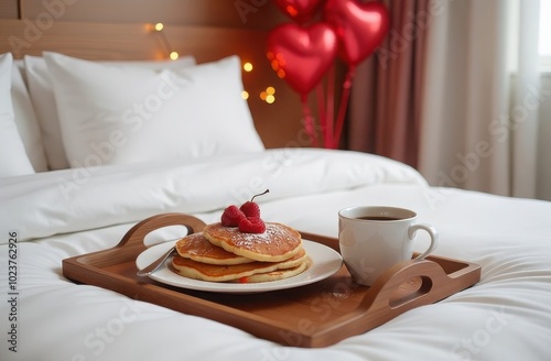 Breakfast in bed for Valentine's Day on white bed