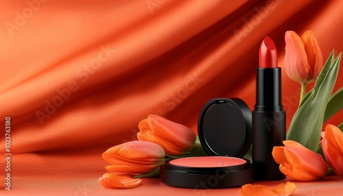 Vibrant orange makeup set with lipstick and blush surrounded by tulips on silky fabric, creating a perfect beauty flat lay.