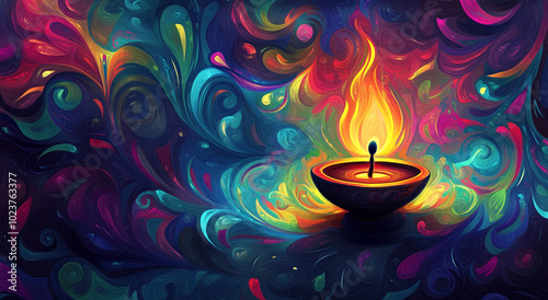 Lit diya traditional oil lamp on colorful abstract rangoli background. Deepavali, Diwali. Hindu festival of lights. Template with copy space for greeting card, banner, poster for Indian holidays