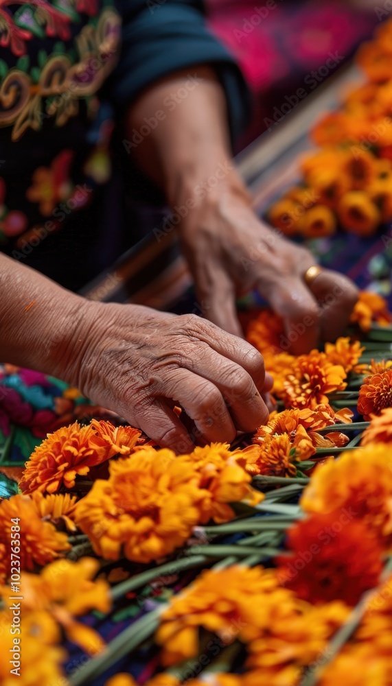 Close-Up of Hands Weaving Cempasuchil Flowers for Dia de los Muertos Altar - Traditional Mexican Craft Close-Up of Hands Weaving Cempasuchil Flowers for Dia de los Muertos Altar - Traditional Mexican Craft