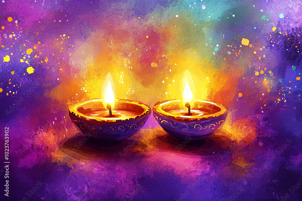 Lit diya traditional oil lamp on colorful abstract rangoli background. Deepavali, Diwali. Hindu festival of lights. Template with copy space for greeting card, banner, poster for Indian holidays Lit diya traditional oil lamp on colorful abstract rangoli background. Deepavali, Diwali. Hindu festival of lights. Template with copy space for greeting card, banner, poster for Indian holidays