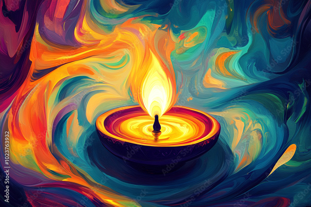 Lit diya traditional oil lamp on colorful abstract rangoli background. Deepavali, Diwali. Hindu festival of lights. Template with copy space for greeting card, banner, poster for Indian holidays Lit diya traditional oil lamp on colorful abstract rangoli background. Deepavali, Diwali. Hindu festival of lights. Template with copy space for greeting card, banner, poster for Indian holidays