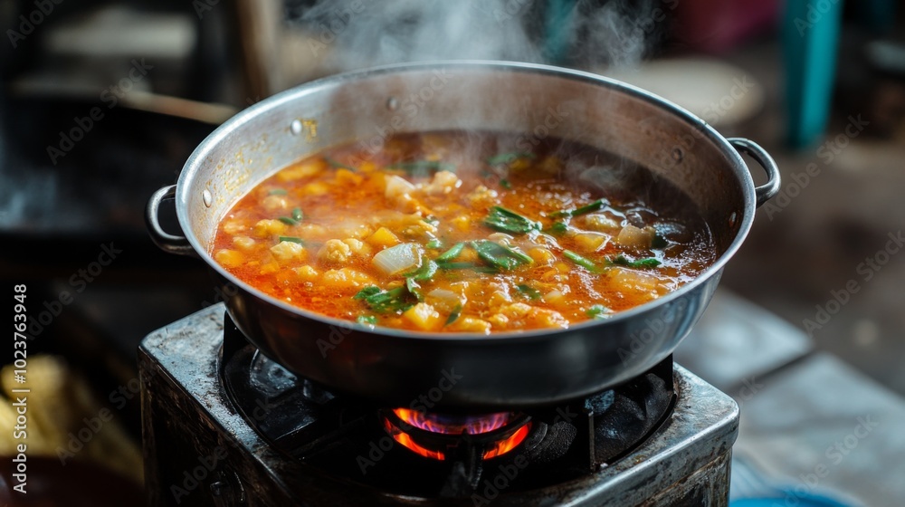 Hot Vegetable Soup in Stainless Steel Pot Hot Vegetable Soup in Stainless Steel Pot
