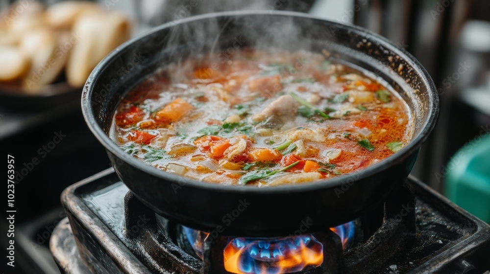 Delicious Soup Cooking in a Black Pot on a Stove Delicious Soup Cooking in a Black Pot on a Stove