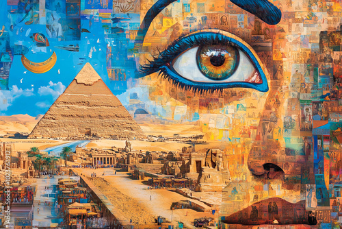 
collage of different symbols of Egypt: Ancient and modern wonders, The Pyramids of Giza, the Sphinx, bustling Cairo markets, pharaonic symbols like the ankh and Eye of Horus, and the modern Nile Rive photo