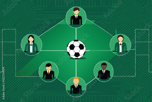 Flowchart depicting a soccer agent's role, including players, coaches, and a soccer ball.