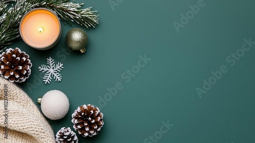 Flat lay with snowdusted pinecones, rustic ornaments, and woolen scarf on a muted green background, cozy winter holiday setting