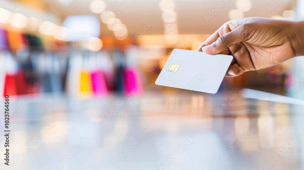 Hand holding credit card in bright shopping mall with blurred colorful background Hand holding credit card in bright shopping mall with blurred colorful background