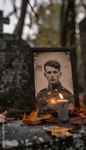 Old Photograph of Soldier with Candle on Gravestone - National Day of Mourning Remembrance Scene photo