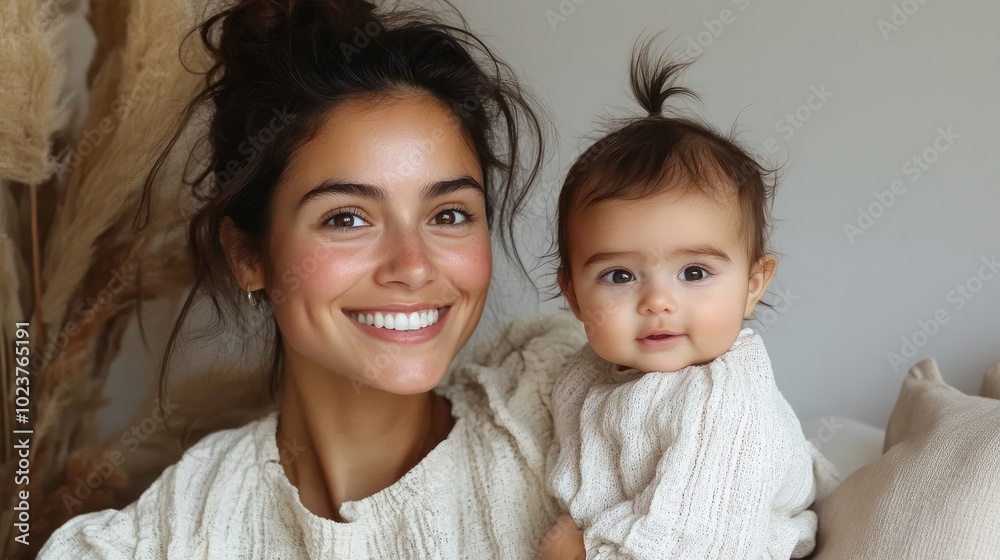 spanish smiling young woman holding little baby on background of room of cozy house, mother and child, kid, newborn, infant, toddler, parent, family, love, mom, mommy, hispanic, mexican girl, mother's spanish smiling young woman holding little baby on background of room of cozy house, mother and child, kid, newborn, infant, toddler, parent, family, love, mom, mommy, hispanic, mexican girl, mother's