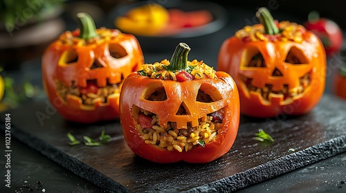 Jack-o-lantern stuffed peppers, filled with rice, meat, and vegetables, with carved faces for a spooky and savory meal, 