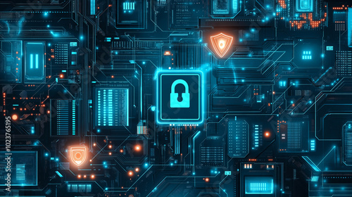 image symbolizing cybersecurity, featuring a digital lock, encrypted data streams, and shield icons. Include elements like circuit boards, binary code, and a glowing firewall. photo