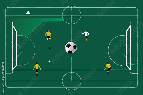 A simple diagram depicting a soccer match, showing players and ball on a green field.