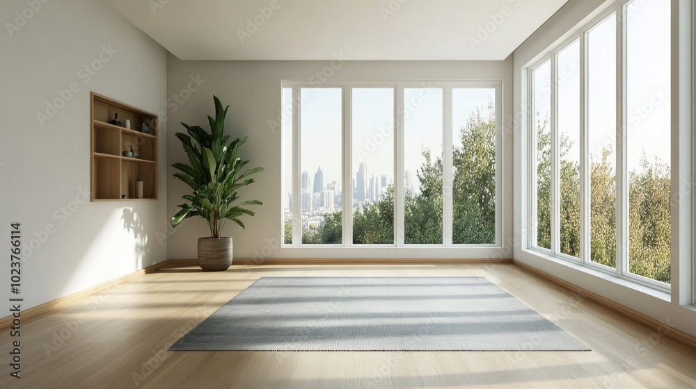 A serene, modern room with large windows showcasing a city view and a potted plant. A serene, modern room with large windows showcasing a city view and a potted plant.