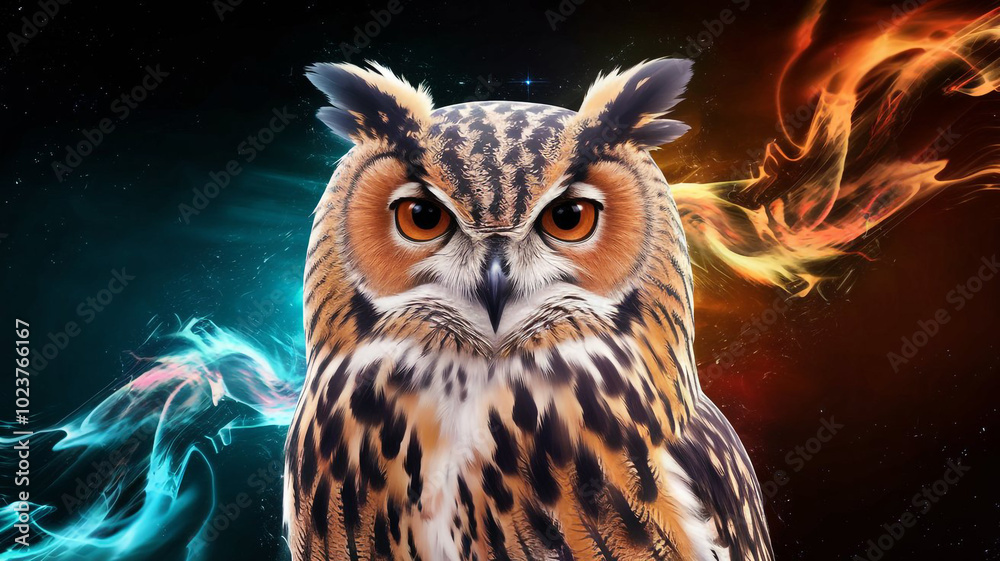 Majestic Owl with Fire and Smoke Abstract Background Majestic Owl with Fire and Smoke Abstract Background