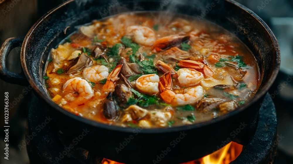 Delicious Shrimp and Seafood Soup Cooking in Pot Delicious Shrimp and Seafood Soup Cooking in Pot