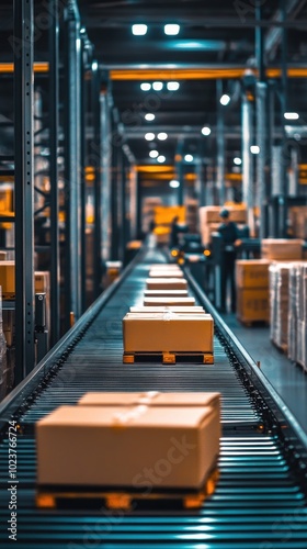 Boxes are sorted and transported on a conveyor belt in a busy warehouse