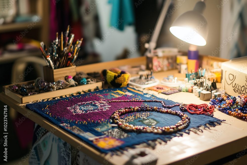 Fototapeta premium Art colorful craft table under task lighting, showcasing beads and yarn materials. Generative AI