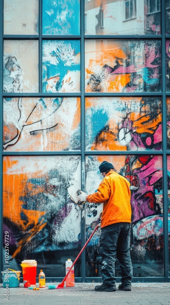 Obraz premium A worker cleans graffiti from glass windows using a squeegee and colorful cleaning supplies