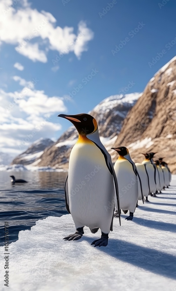 Fototapeta premium A group of emperor penguins walks along an expansive ice shelf, surrounded by towering snow-covered mountains and serene waters under a clear sky.