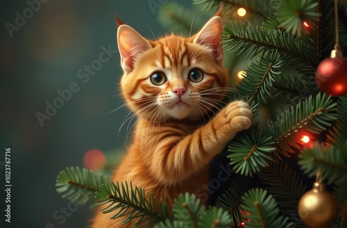 cat hanging on christmas tree