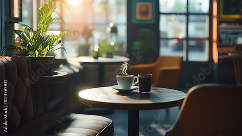 A cinematic analog photo of a quiet coffee shop corner, with natural light streaming in through large windows.  photo