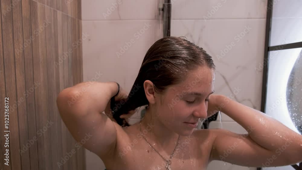 A young girl washes her hair by lathering her shampoo in the shower stall
