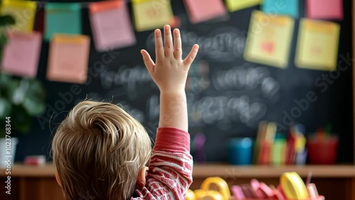 A young student raises their hand in class, eager to participate in the lesson
