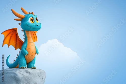 3D DragonWinged Character with Glowing Eyes on a Cliff in a Vibrant Fantasy Landscape photo